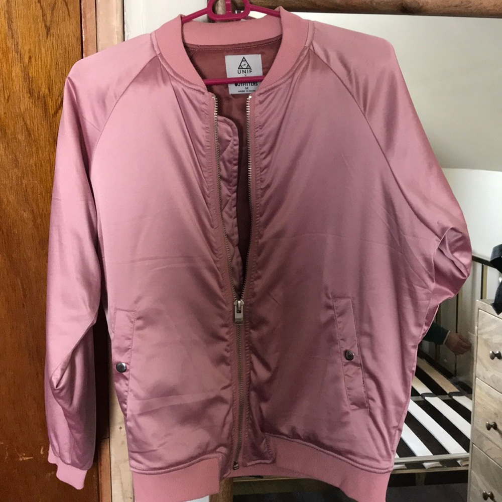 UNIF x UO pink satin bomber
